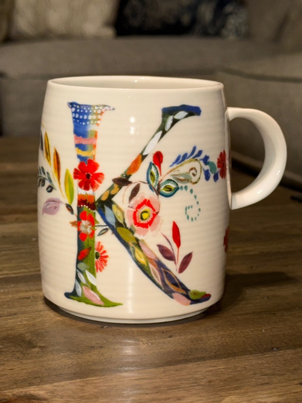 Anthropologie Starla M. Halfmann Petal Palette "K" monogram coffee tea mug cup